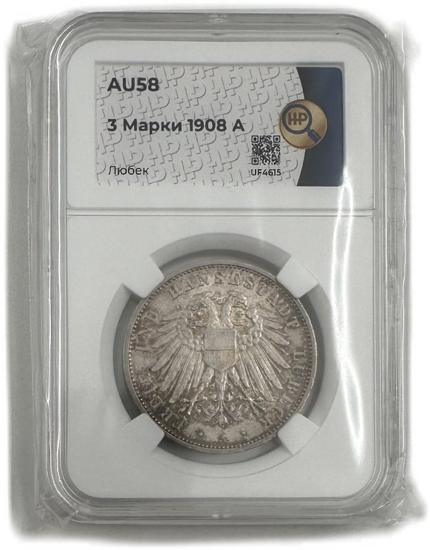 Монета 3 марки 1908 Любек Германия слаб ННР AU 58