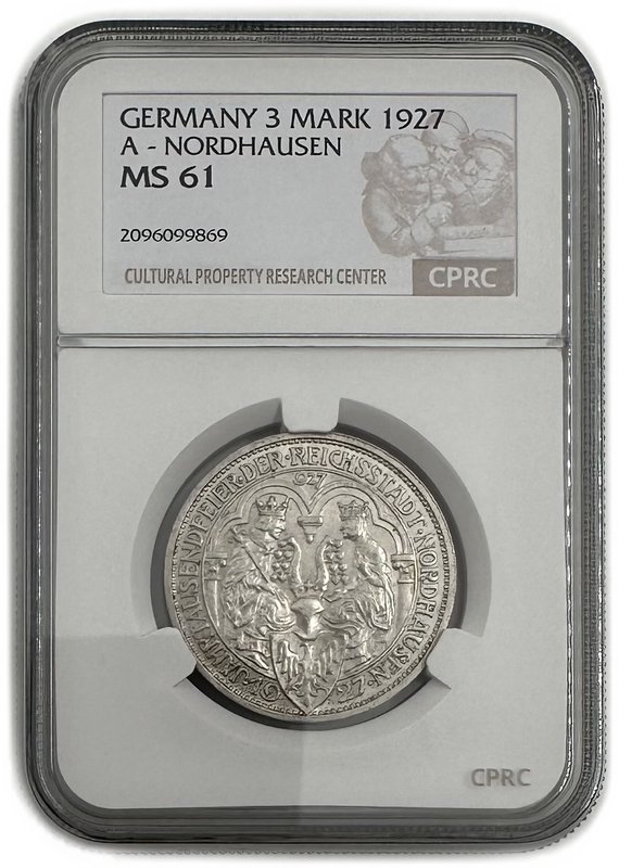 Монета 3 рейхсмарки (марки) 1927 1000 лет Нордхаузену Германия слаб CPRC MS 61
