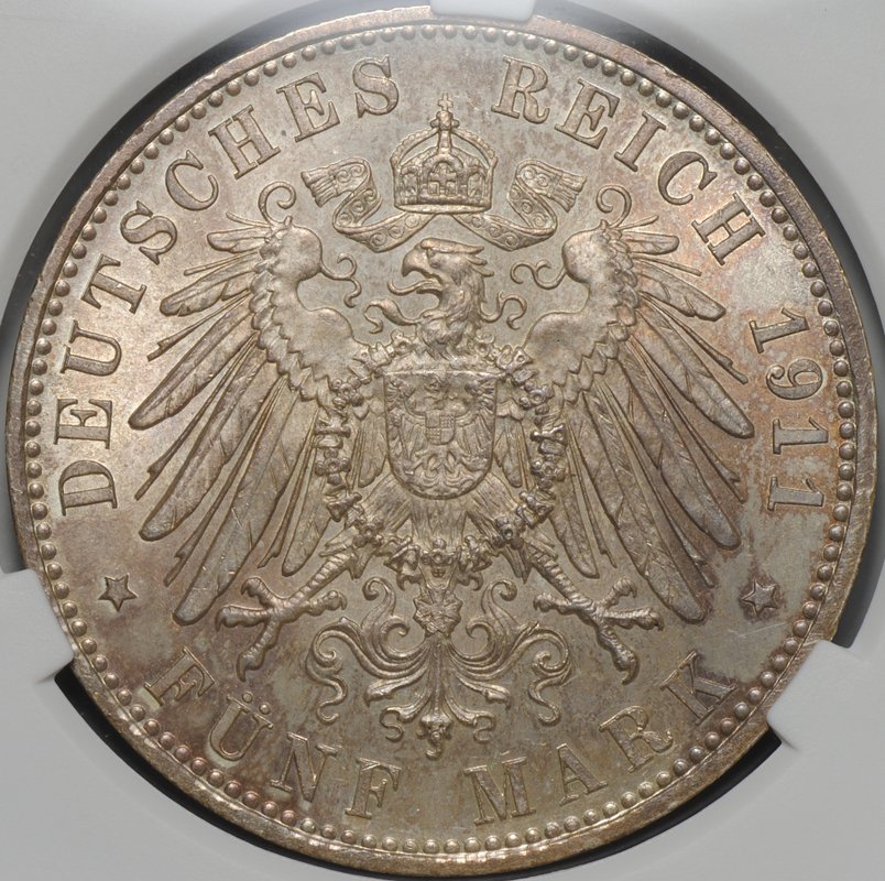 Монета 5 марок 1911 Луитпольд Баварский 90 лет  Бавария Германия слаб CPRC MS 63