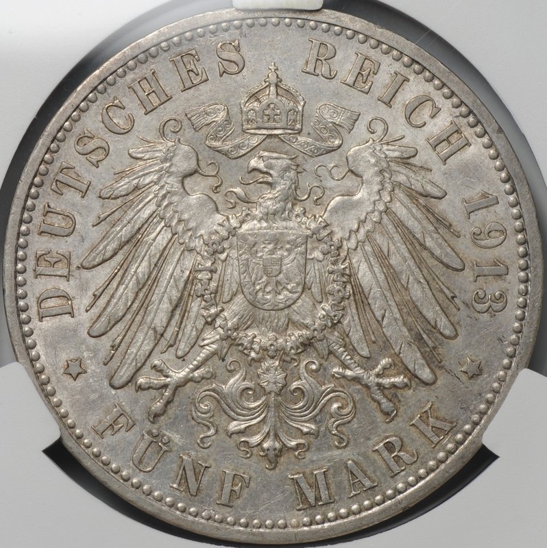 Монета 5 марок 1913 Гамбург Германия слаб CPRC MS 62