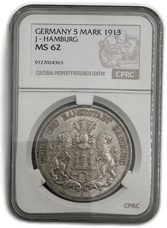 Монета 5 марок 1913 Гамбург Германия слаб CPRC MS 62