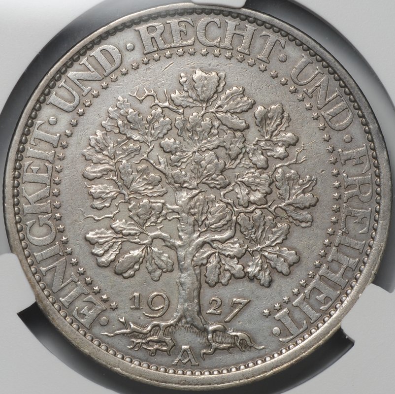 Монета 5 рейхсмарок (марок) 1927 A Берлин Дуб Германия слаб CPRC AU 50