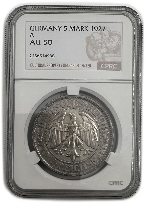 Монета 5 рейхсмарок (марок) 1927 A Берлин Дуб Германия слаб CPRC AU 50