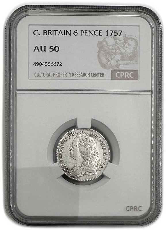 Монета 6 пенсов 1757 Великобритания слаб CPRC AU 50