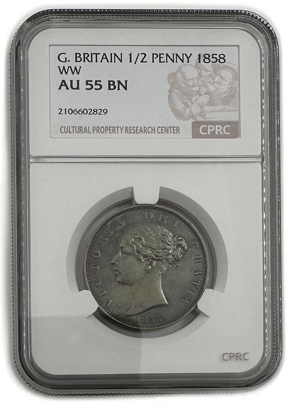 Монета 1/2 пенни 1858 Великобритания слаб CPRC AU 55 BN