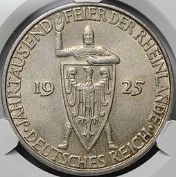 фото для Монета 3 рейхсмарки (марки) 1925 D Тысячелетие Рейнской области Рейнланд Германия слаб CPRC MS 63 Аверс