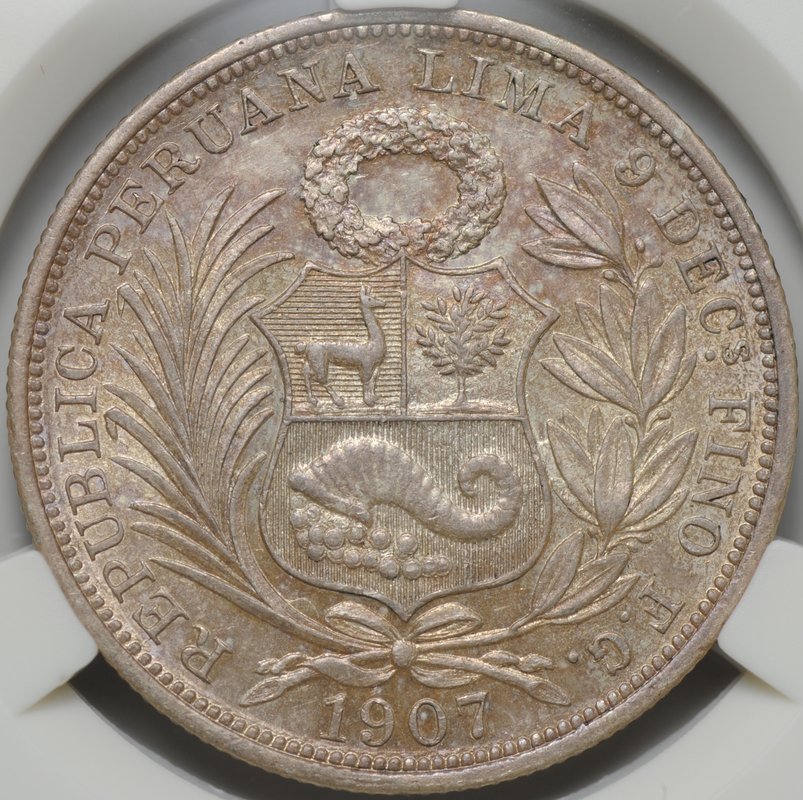 Монета 1/2 соль 1907 Перу слаб CPRC MS 61
