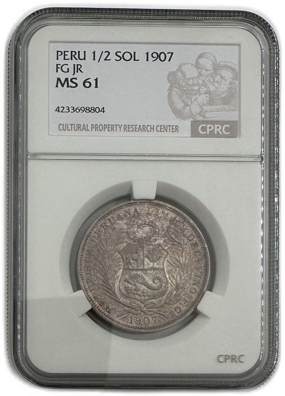 Монета 1/2 соль 1907 Перу слаб CPRC MS 61