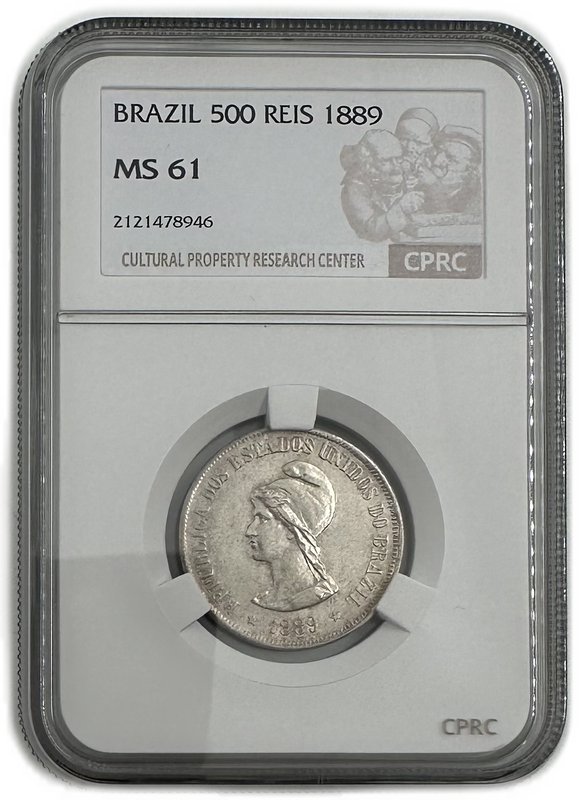 Монета 500 реалов 1889 Бразилия слаб CPRC MS 61