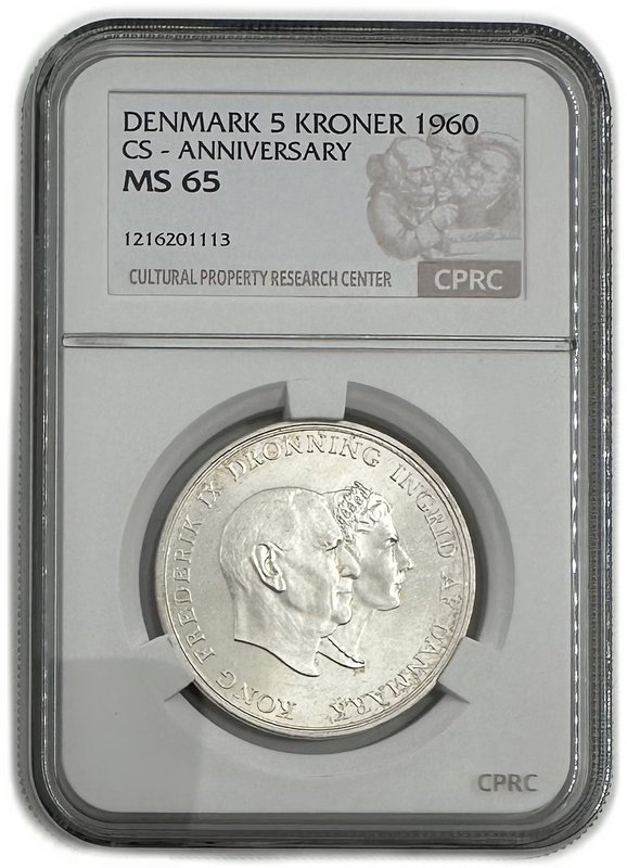 Монета 5 крон 1960 Серебряная свадьба Дания слаб CPRC MS 65
