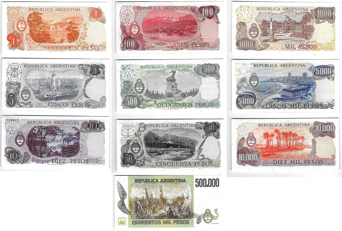 Банкноты 1, 5, 10, 20, 50, 100, 500, 50000, 100000, 500000, 1000000 песо 1973-1981 Аргентина