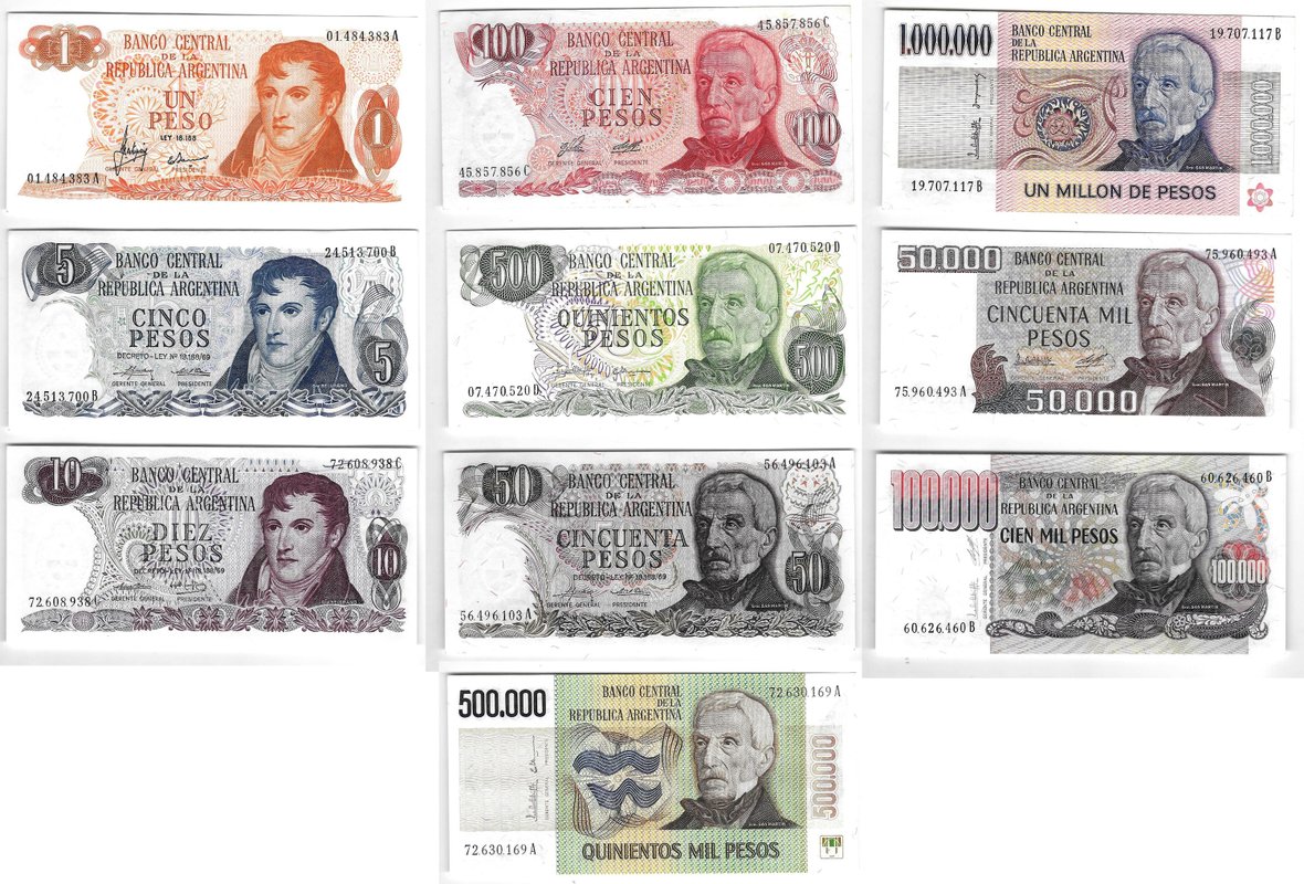 Банкноты 1, 5, 10, 20, 50, 100, 500, 50000, 100000, 500000, 1000000 песо 1973-1981 Аргентина
