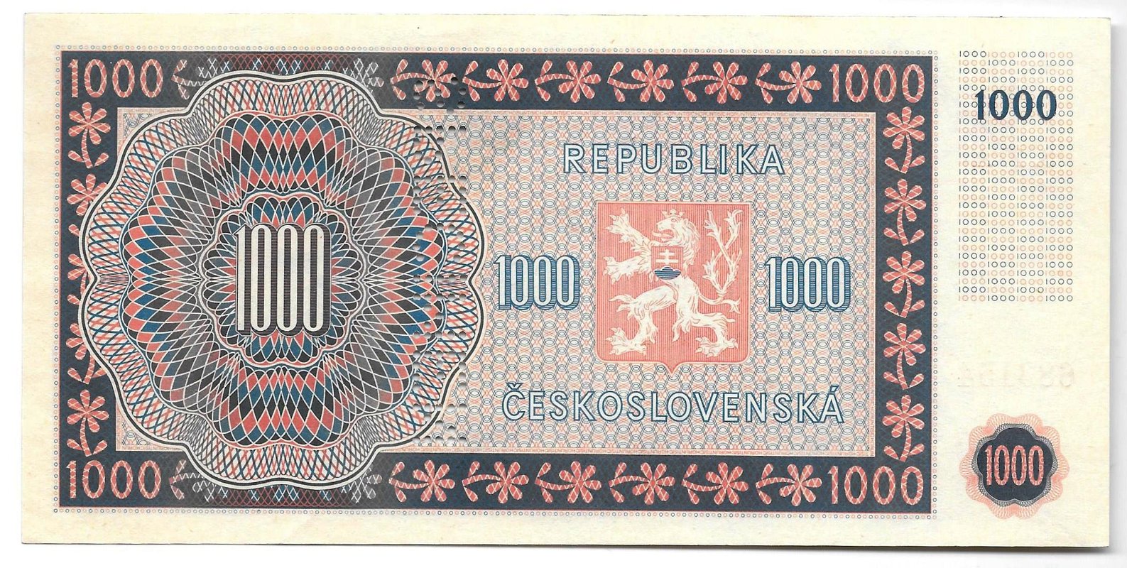 Банкнота 1000 крон 1945 Образец Чехословакия