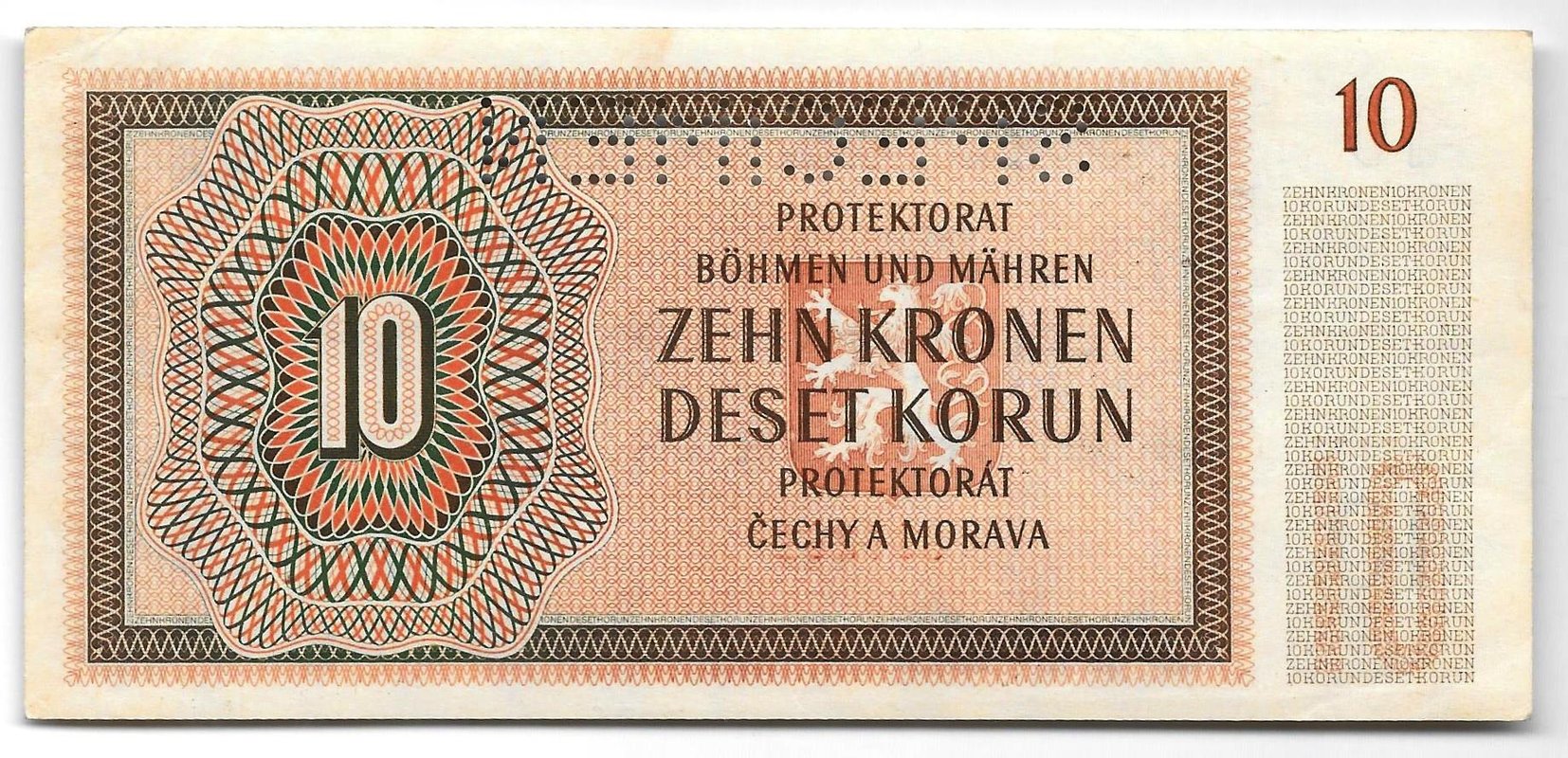 Банкнота 10 крон 1942 перфорация образец Богемия и Моравия