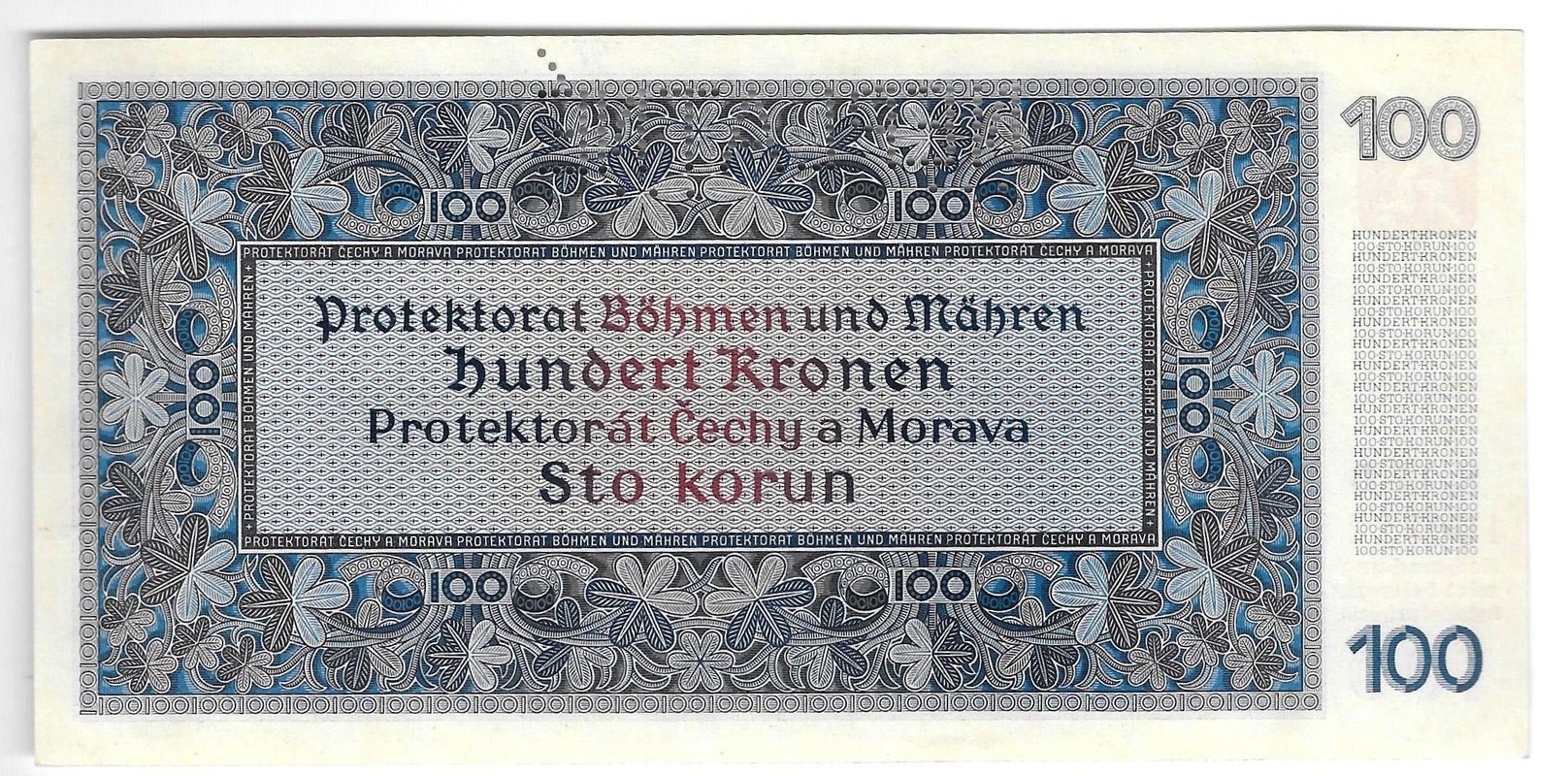 Банкнота 100 крон 1940 1 выпуск перфорация NEPLATNE Богемия и Моравия оккупация Германии