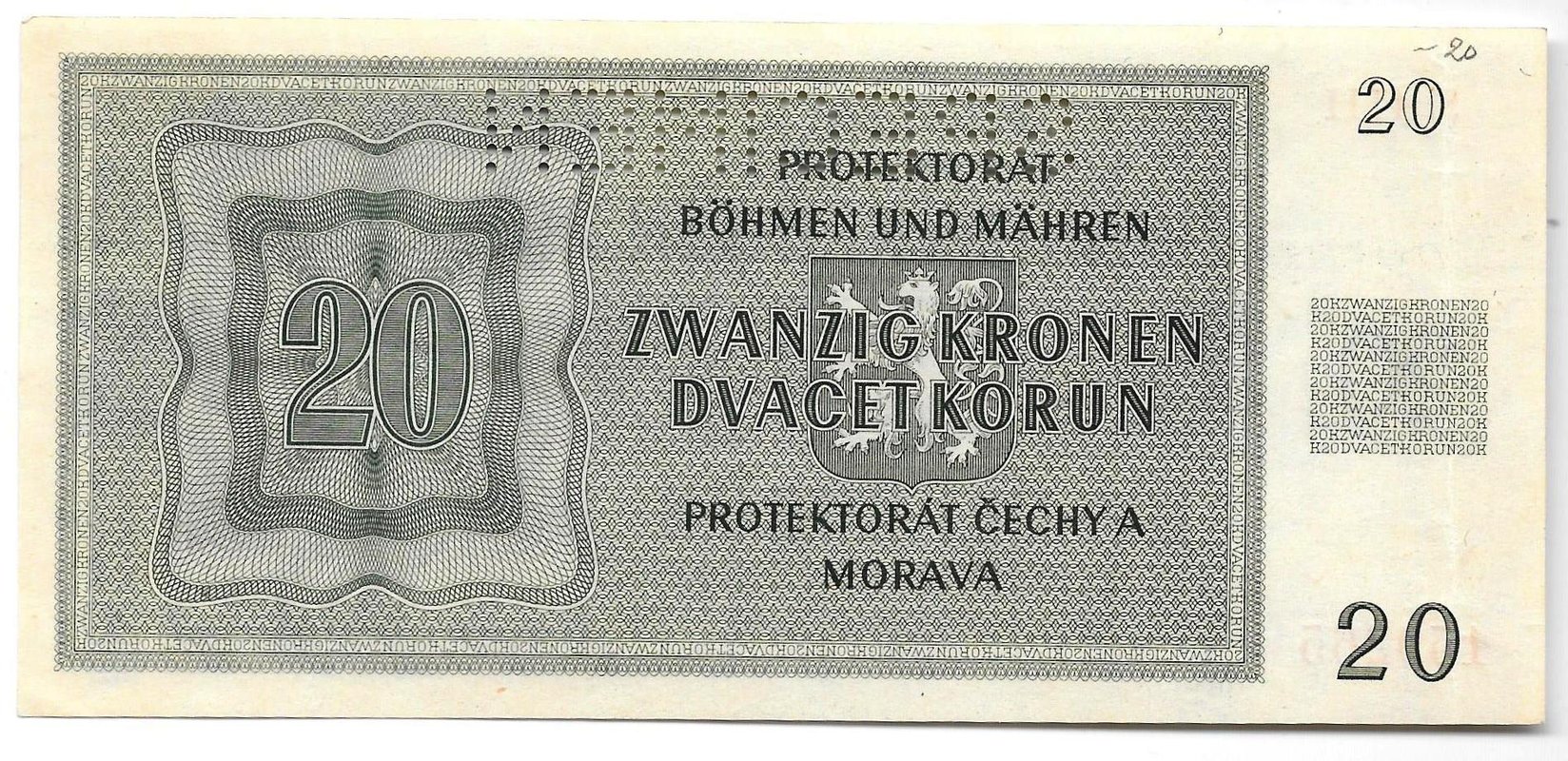 Банкнота 20 крон 1944 перфорация образец SPECIMEN Богемия и Моравия