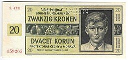 фото для Банкнота 20 крон 1944 перфорация образец SPECIMEN Богемия и Моравия Аверс