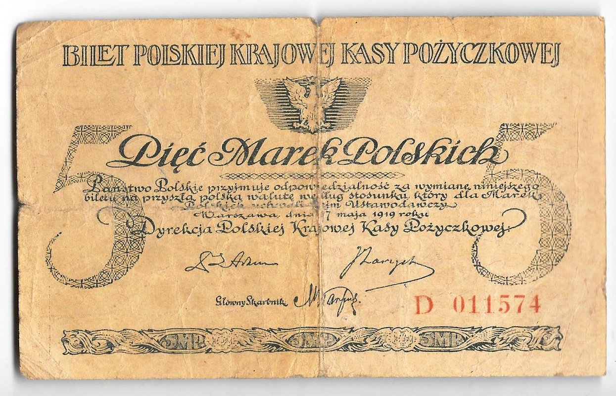 Банкнота 5 марок 1919 17 мая Польша