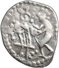 Монета Денга 1420-1478 Легенда с линией точек | Князь стоит, получает щит Новгород
