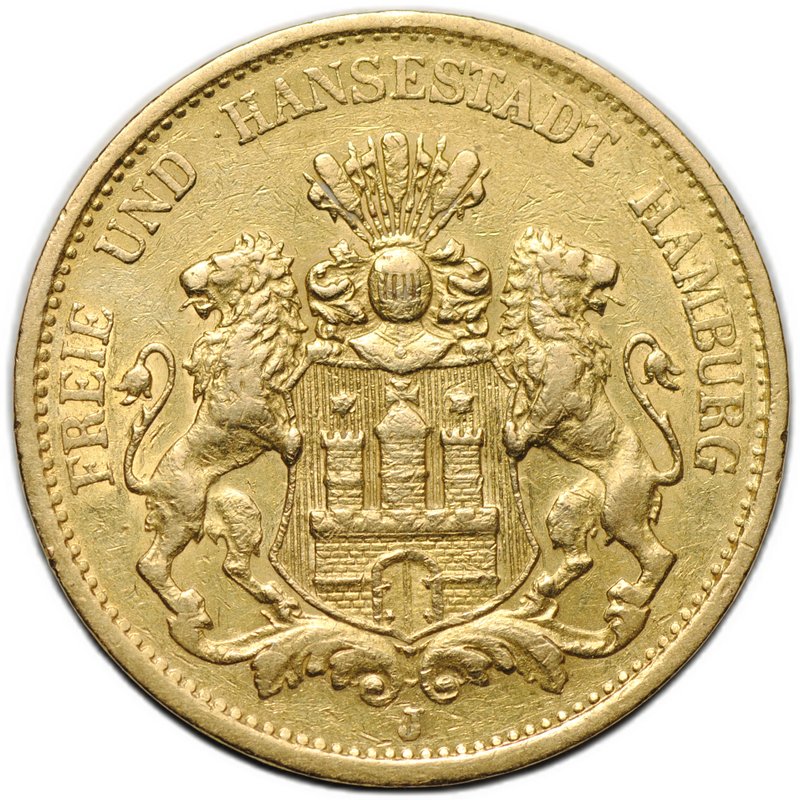 Монета 20 марок 1883 J Гамбург Германия