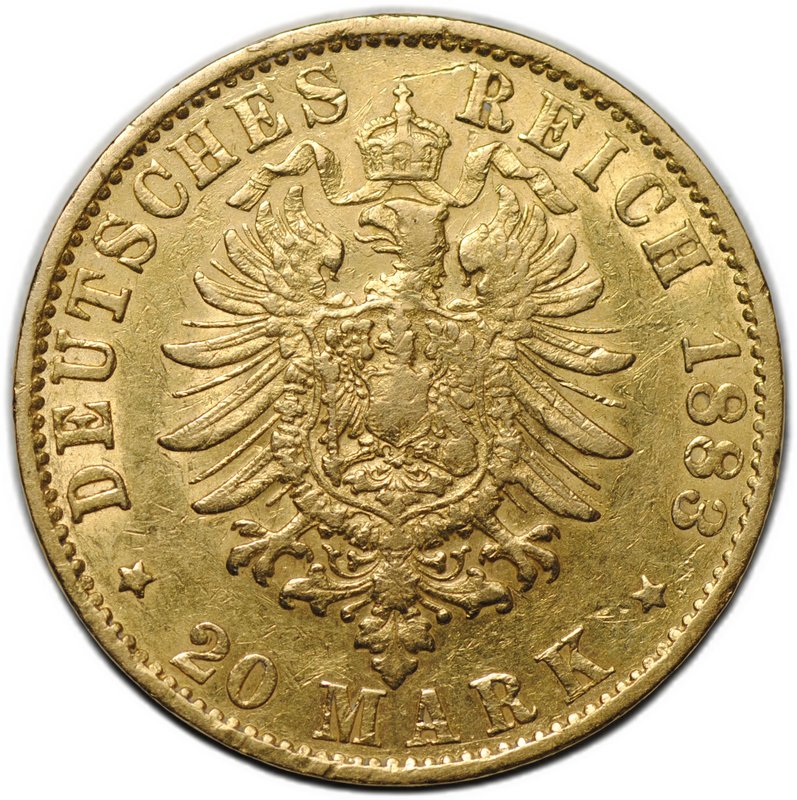 Монета 20 марок 1883 J Гамбург Германия