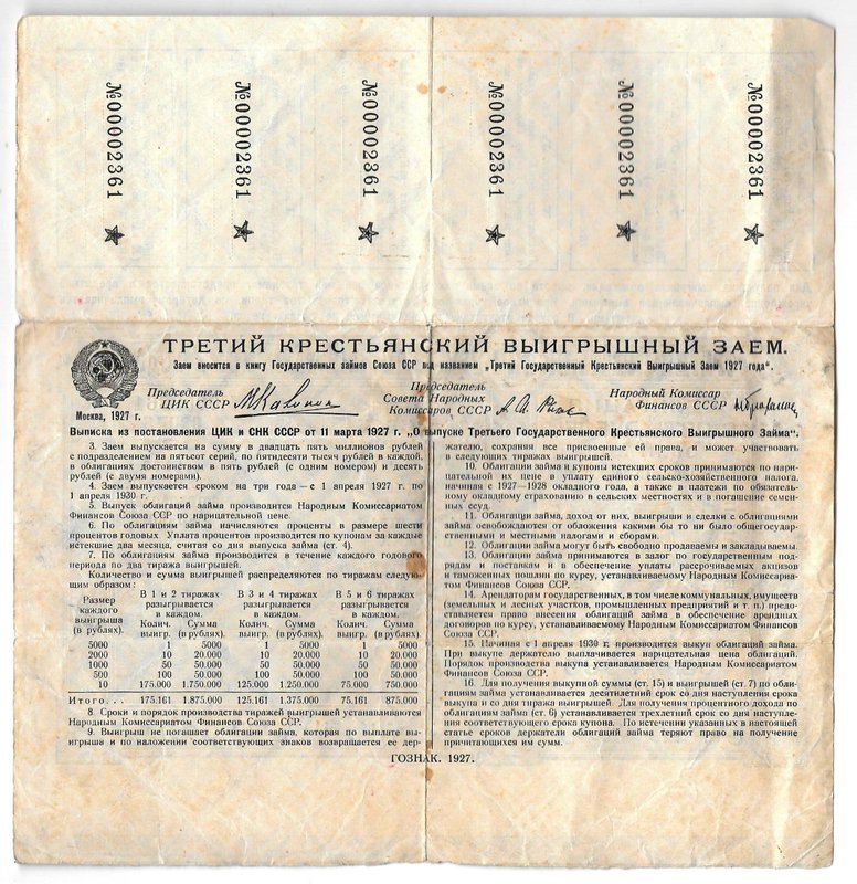 Облигация 5 рублей 1927 Третий крестьянский выигрышный заем
