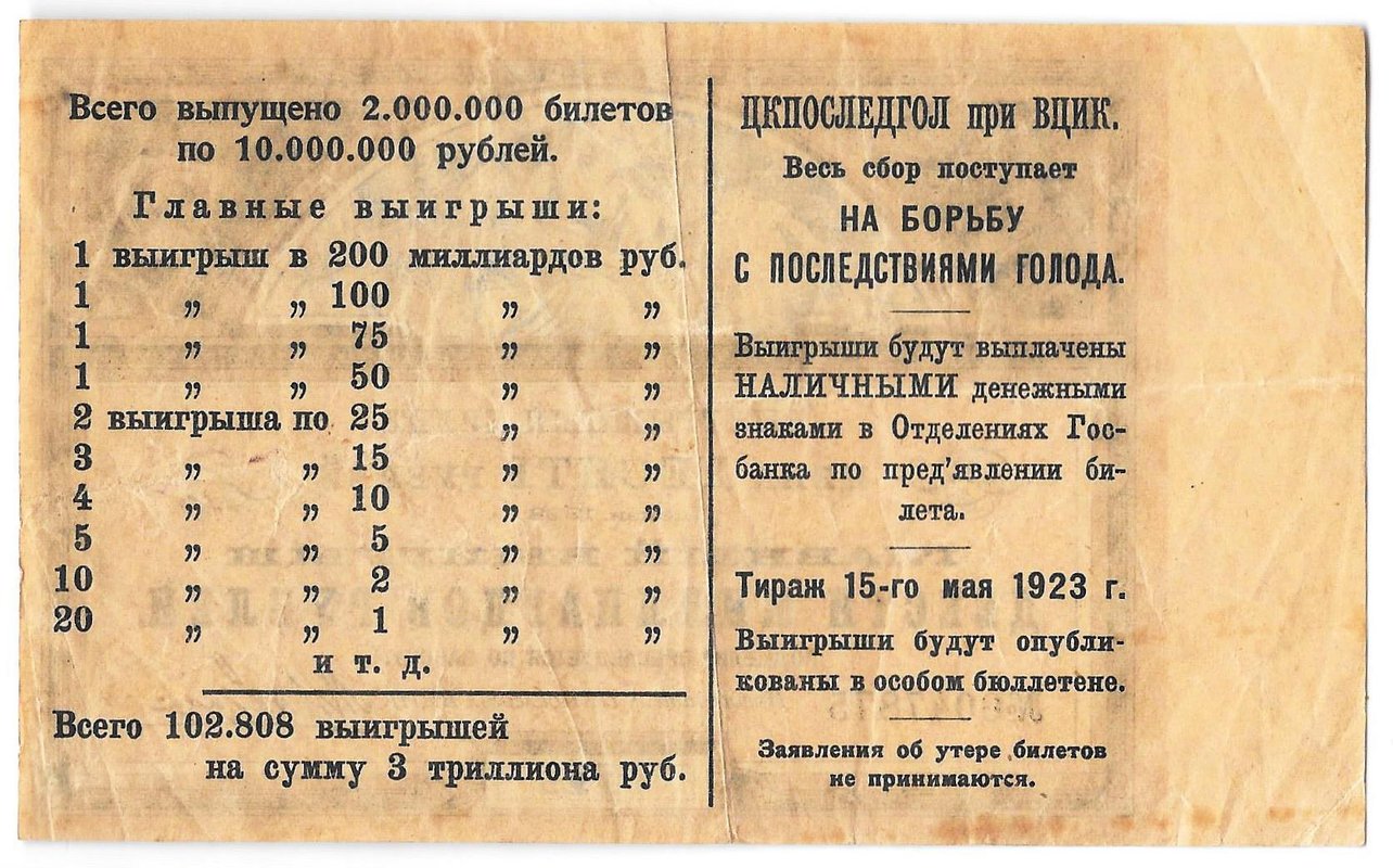 Выигрышный билет 10 рублей 1923 Лотерея ЦК ПОМГОЛ на борьбу с последствиями голода