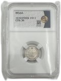 Монета 10 копеек 1911 СПБ ЭБ слаб ННР MS 66