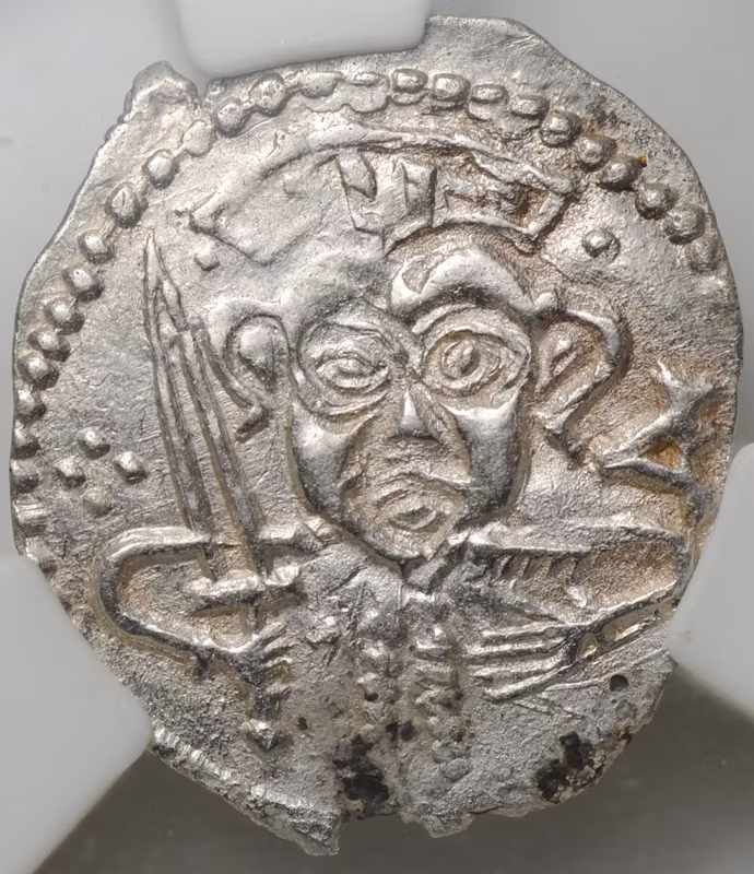 Монета Денга 1425-1460 Довмонт Д | Легенда Псковская республика Псков слаб ННР MS 61
