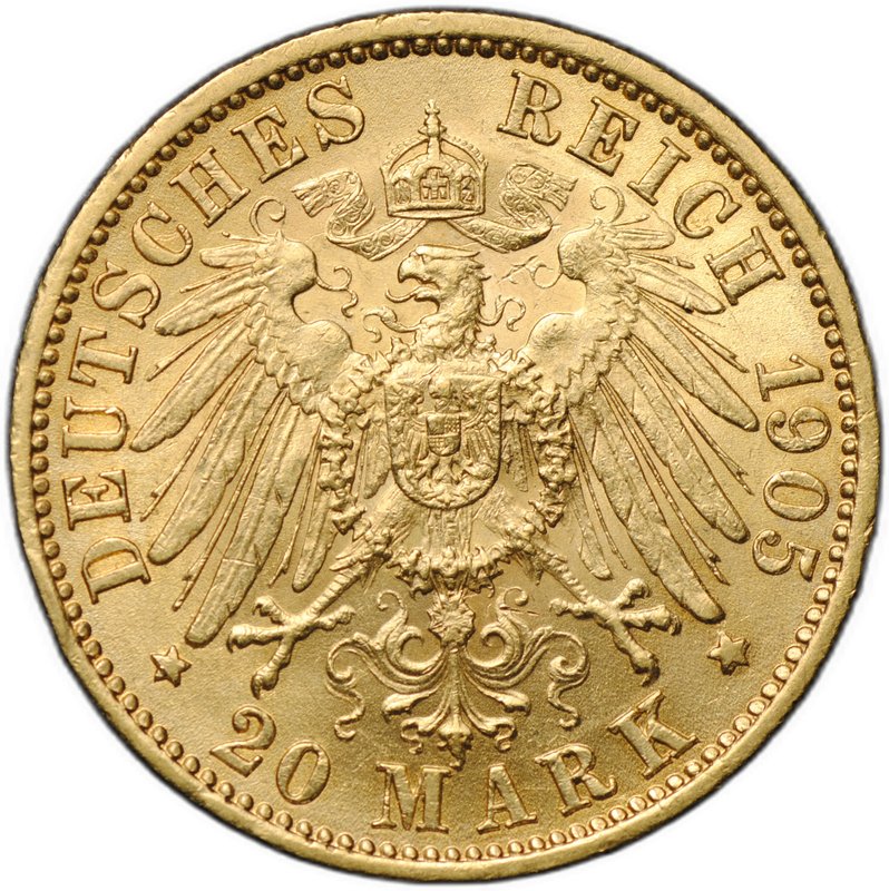 Монета 20 марок 1905 F Вюртемберг Германия