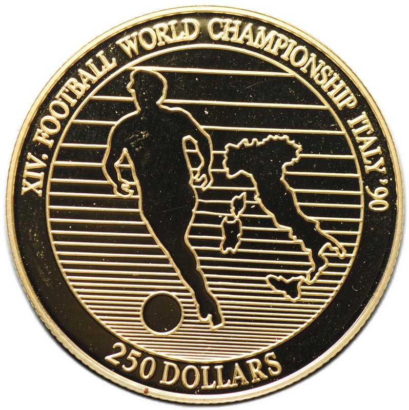 Монета 250 долларов 1990 Чемпионат мира по футболу Италия Ниуэ
