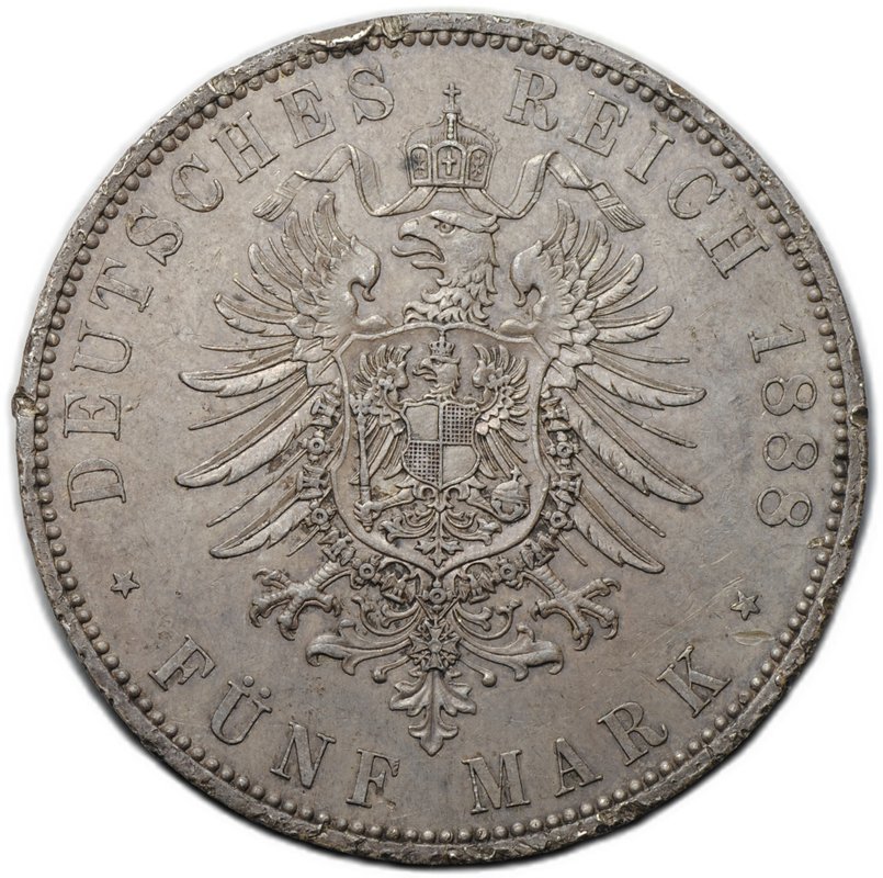 Монета 5 марок 1888 А Вильгельм II Пруссия Германия