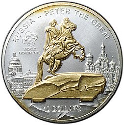 фото для Монета 10 долларов 2009 Медный всадник Памятник Петру I в Санкт-Петербурге UNC Острова Кука Аверс