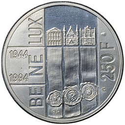 фото для Монета 250 франков 1994 50 лет договору Бенилюкс Бельгия Аверс