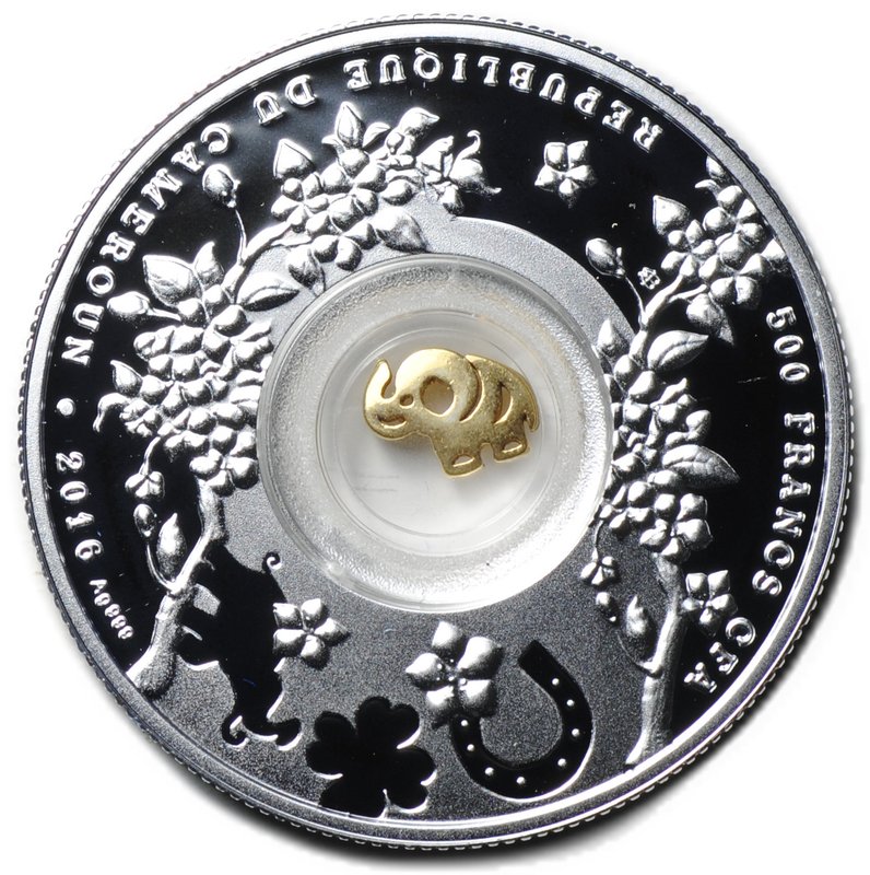 Монета 500 франков 2016 Счастливая семерка Семь слонов Удача Камерун