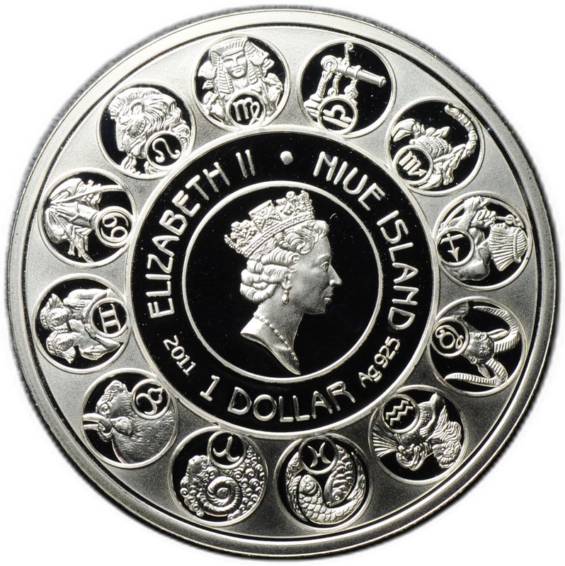 Монета 1 доллар 2011 Знаки зодиака - Рыбы Альфонс Муха Ниуэ