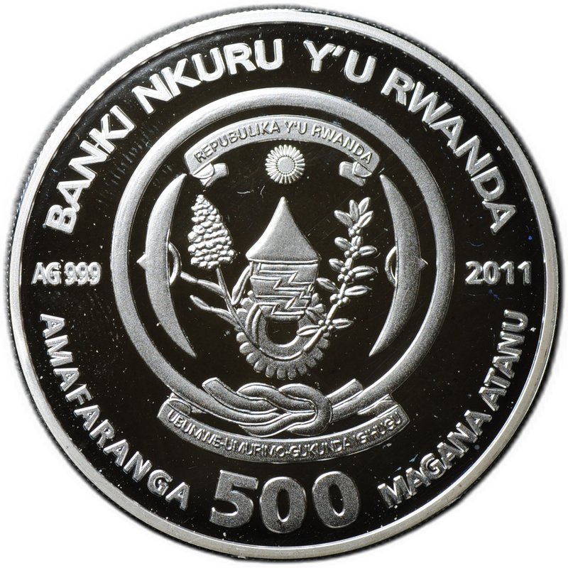 Монета 500 франков 2011 Кошки - Мейн-кун Руанда