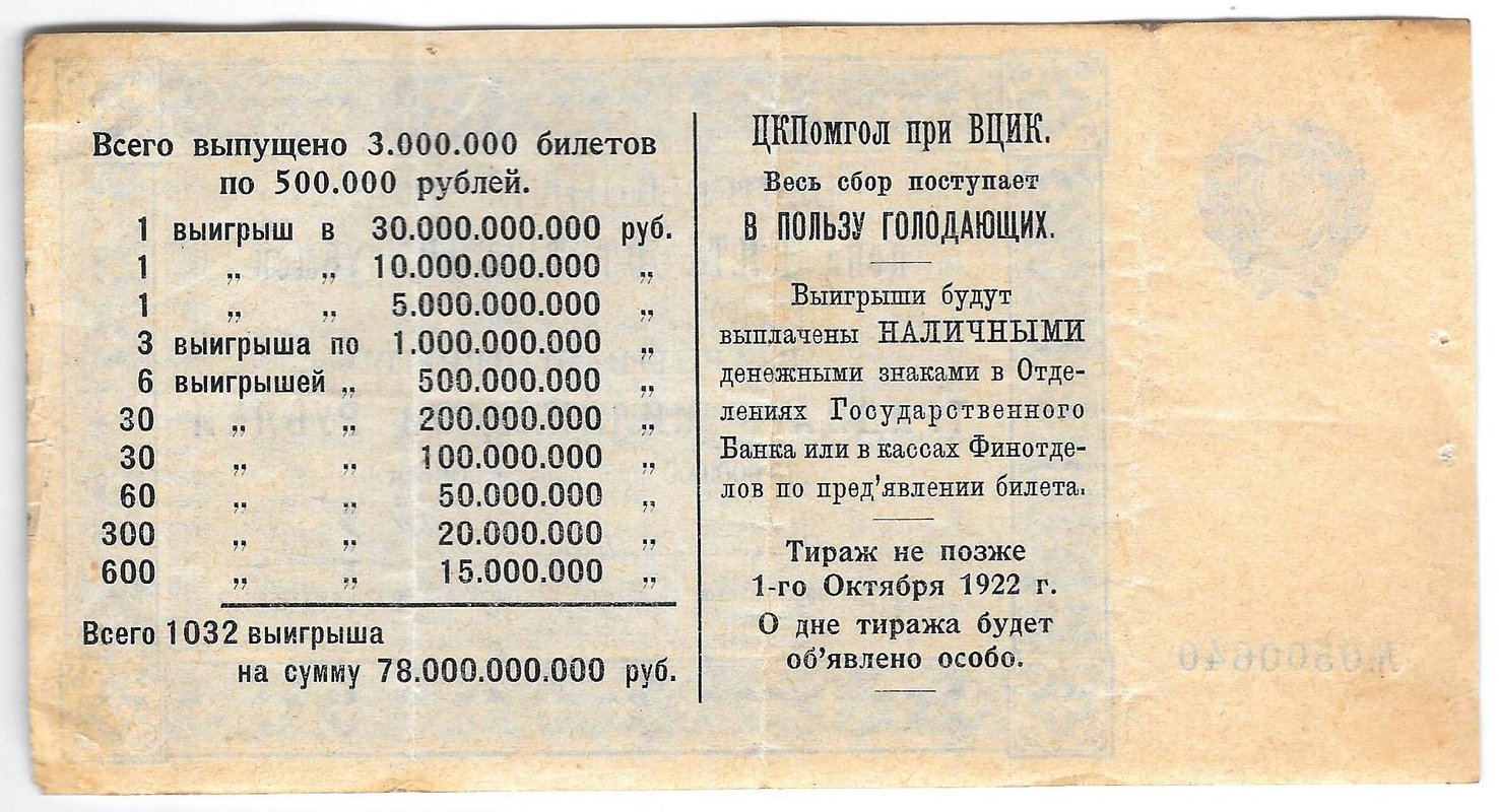 Выигрышный (лотерейный) билет 50 рублей 1922 Лотерея в пользу голодающих ЦК Помгол