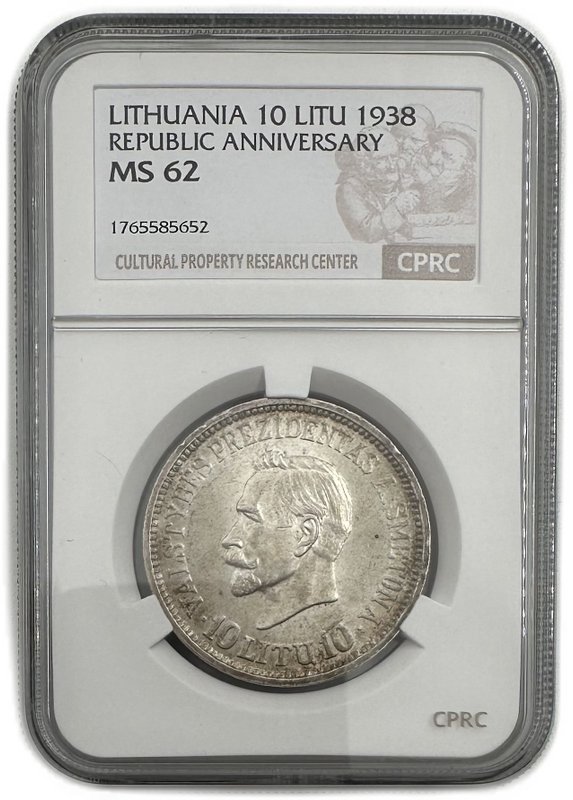 Монета 10 лит 1938 20 лет республике Президент Сметона Литва слаб CPRC MS 62