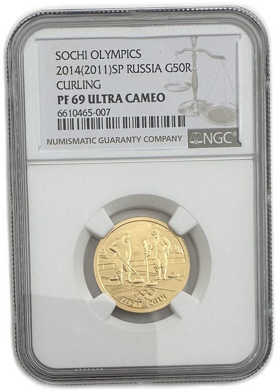 Монета 50 рублей 2014 СПМД Олимпиада в Сочи - конькобежный спорт слаб NGC PF 69