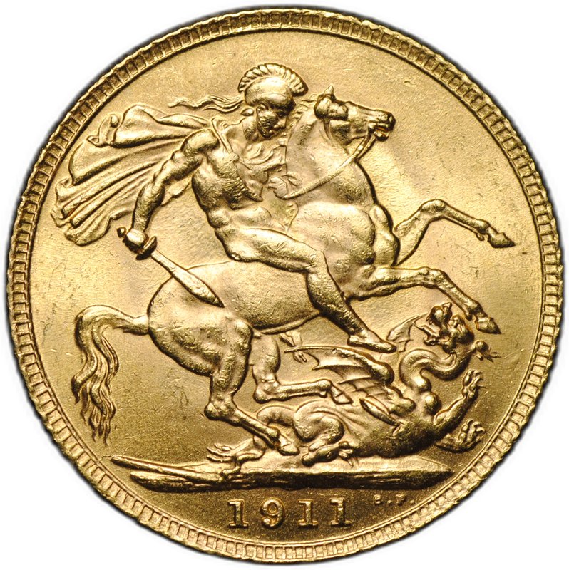 Монета 1 соверен (фунт) 1911 Великобритания слаб CPRC MS 63
