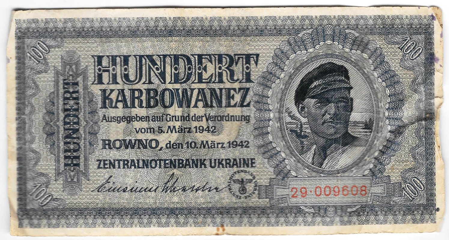 Банкнота 100 карбованцев 1942 Украина Ровно оккупация Германия Третий Рейх