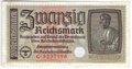 Банкнота 20 рейхсмарок (марок) 1939-1945 для оккупированных территорий Германия Третий Рейх