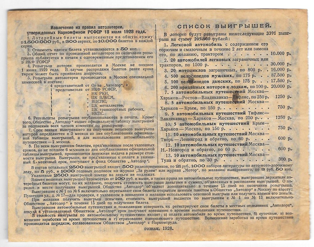 Лотерейный билет 50 копеек 1928 Первая Авто-лотерея АВТОДОР