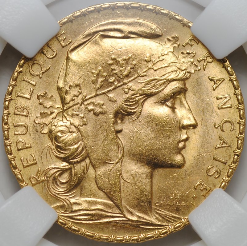 Монета 20 франков 1912 Франция слаб ННР MS 63