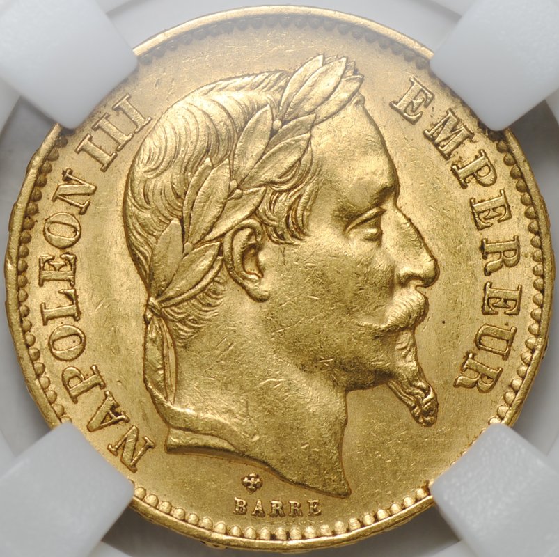 Монета 20 франков 1867 BB Франция слаб ННР AU 58