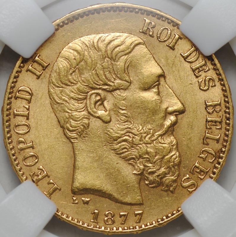 Монета 20 франков 1877 Бельгия слаб ННР MS 61