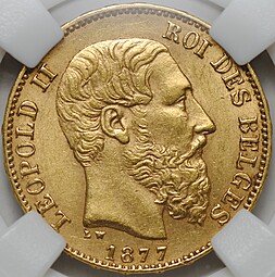 фото для Монета 20 франков 1877 Бельгия слаб ННР MS 61 Аверс