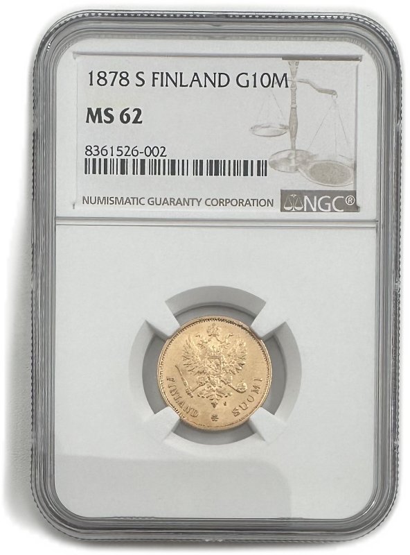 Монета 10 марок 1878 S Русская Финляндия слаб NGC MS 62