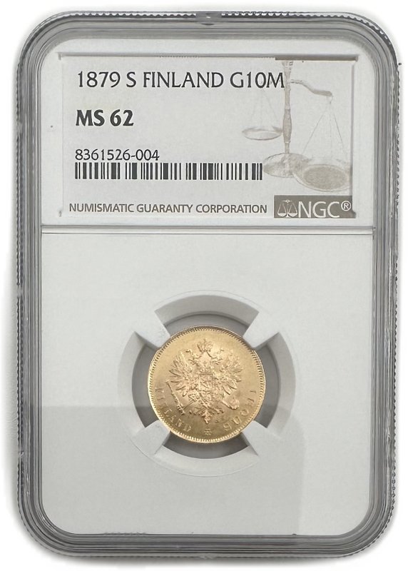 Монета 10 марок 1879 S Русская Финляндия слаб NGC MS 62